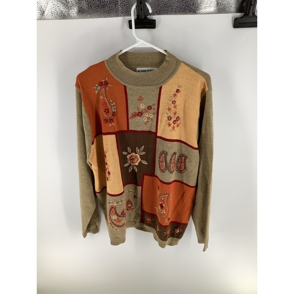 Alfred Dunner Vintage Embroidered Patchwork Mock Neck Sweater XL Tan Orange Wool